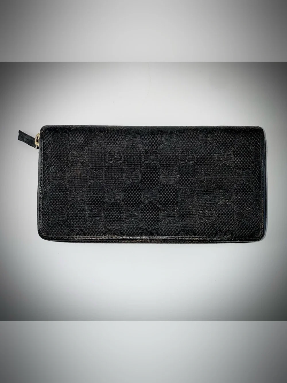 GUCCI Black GG Monogram Zip Wallet with Gold Name Plaque